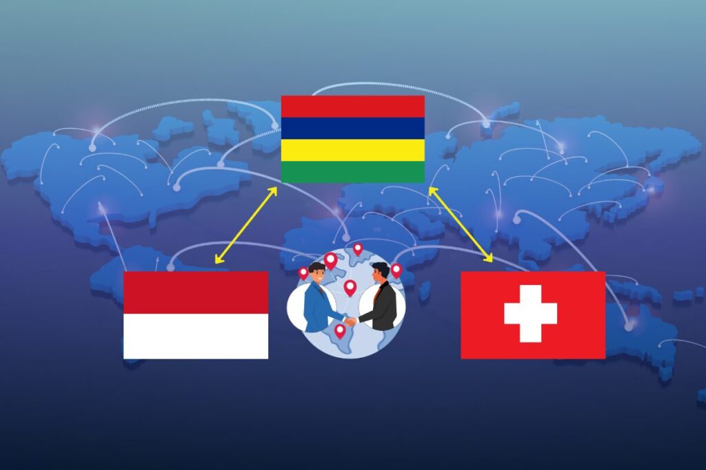 Map showing Mauritius as a top international business hub connecting entrepreneurs to Monaco and Switzerland.