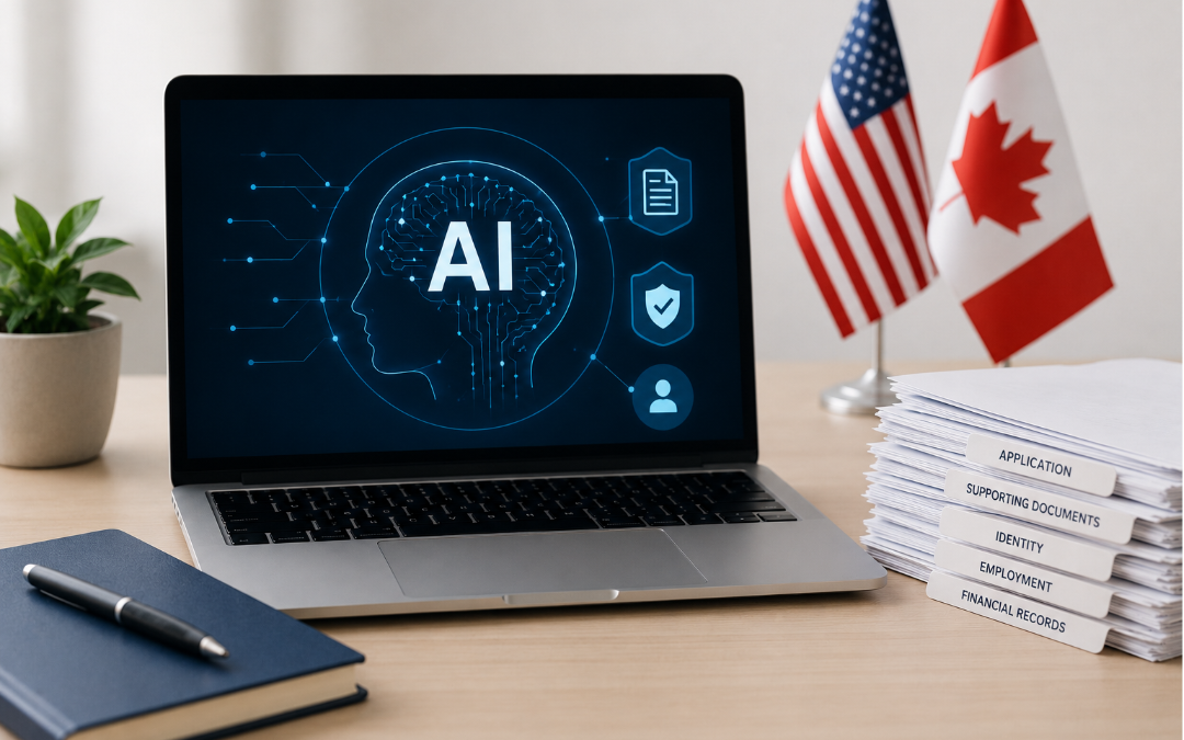 Conceptual image showing artificial intelligence technology transforming immigration processes in the United States and Canada with digital document review and automated case analysis.