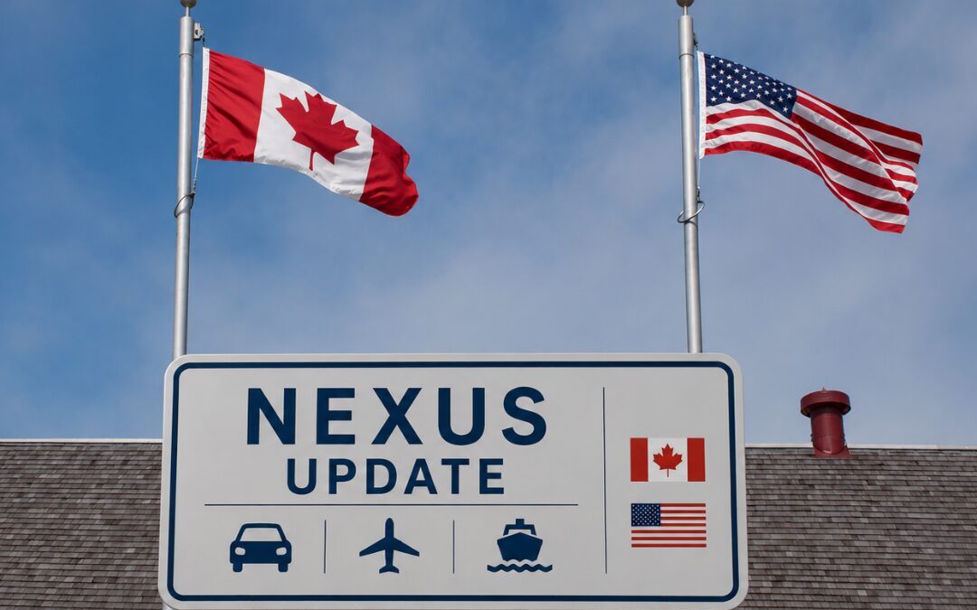 Conceptual image of NEXUS program updates for Canada U.S. border travel featuring Canadian and American flags with a NEXUS travel sign for land, air, and marine entry.