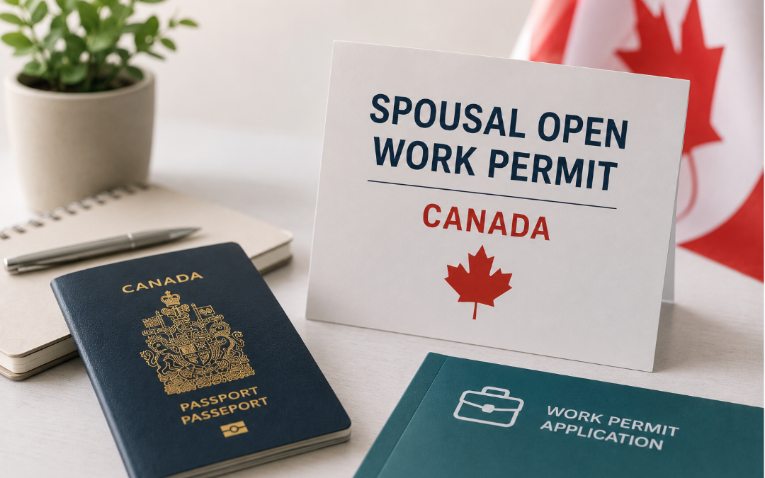 Canadian passport and spousal open work permit documents representing expanded work permit eligibility for spouses of Quebec healthcare workers.