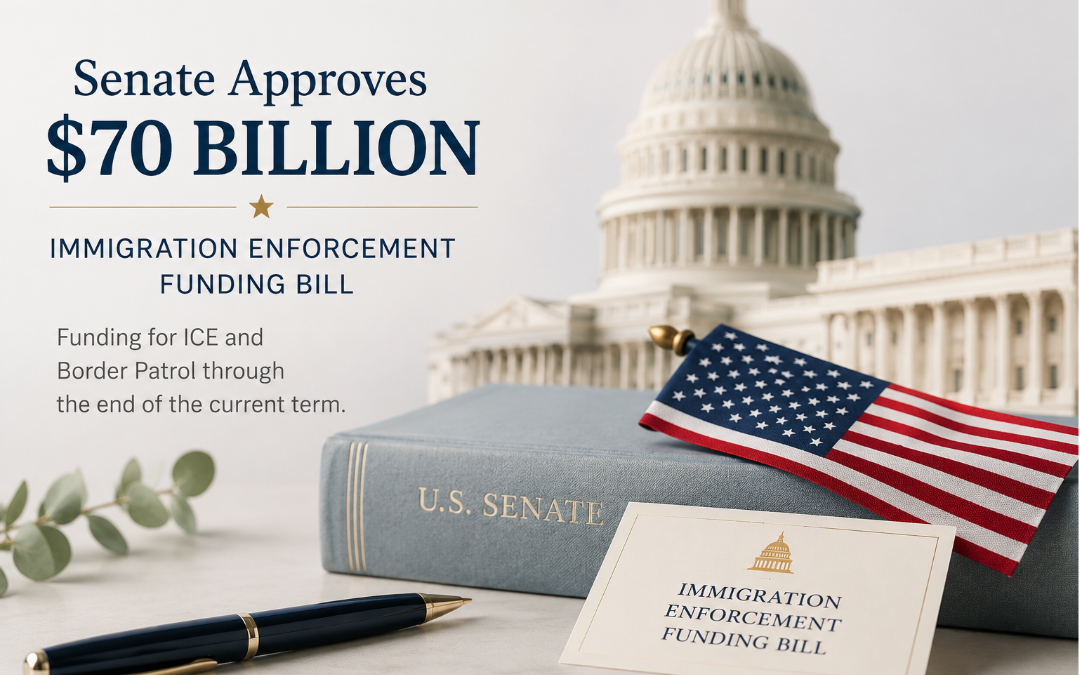 U.S. Capitol, American flag, and legislative documents representing the Senate-approved immigration enforcement funding bill and US immigration policy updates.