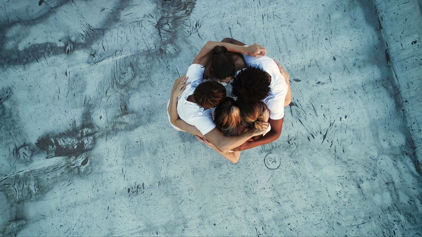 bird's eye view of a family huddled together
